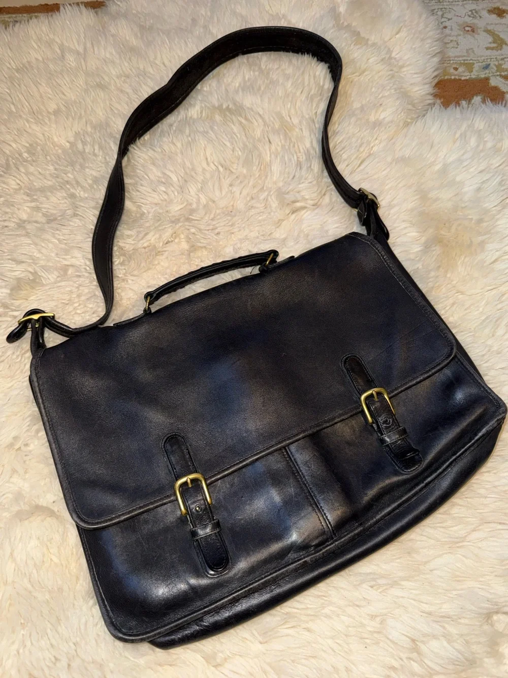 Vintage Coach Black Leather Brass Buckle Briefcase